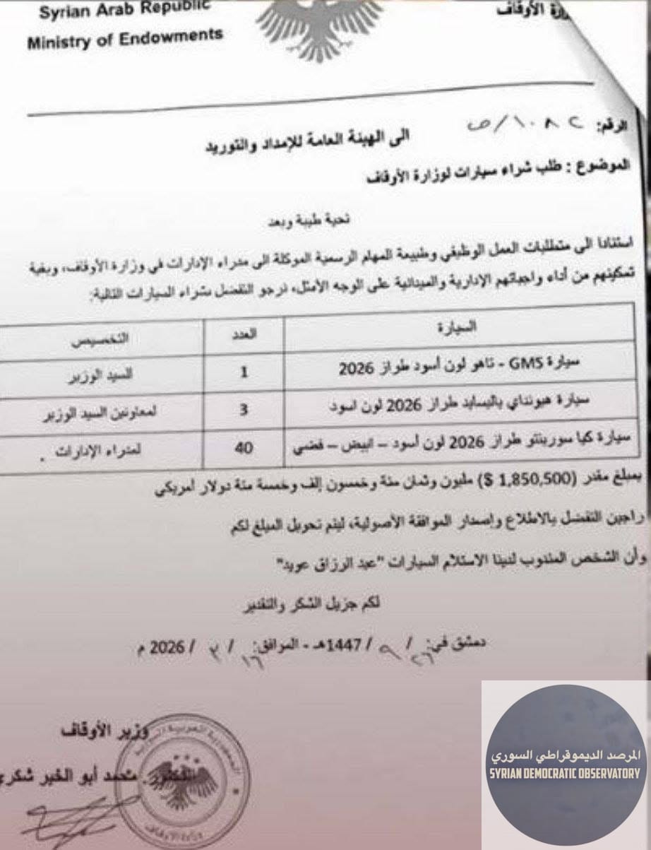 طلب بمليون و 850 ألف دولار لشراء سيارات جديدة لصالح وزارة الأوقاف لمحافظة ريف دمشق فقط