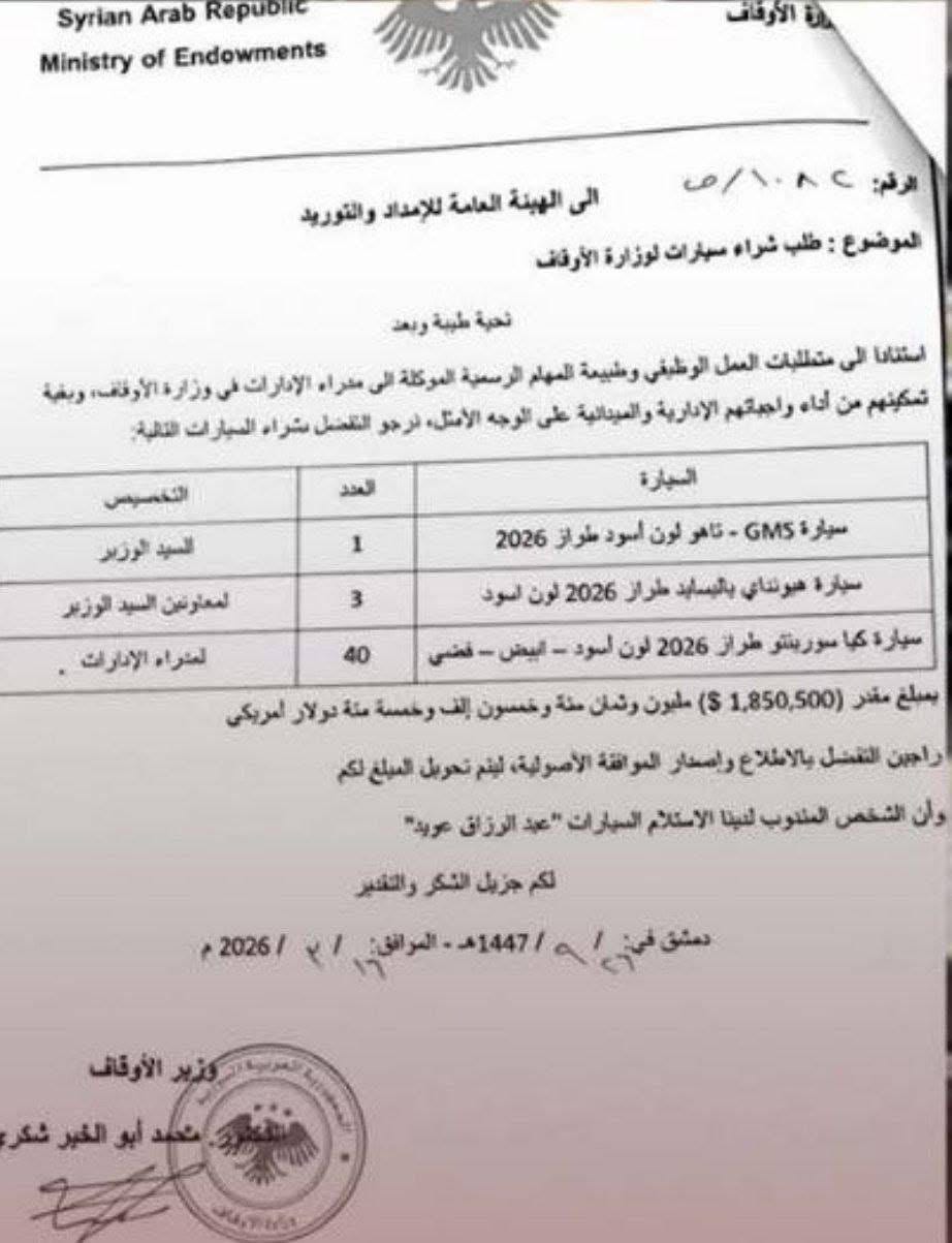 طلب بمليون و 850 ألف دولار لشراء سيارات جديدة لصالح وزارة الأوقاف لمحافظة ريف دمشق فقط