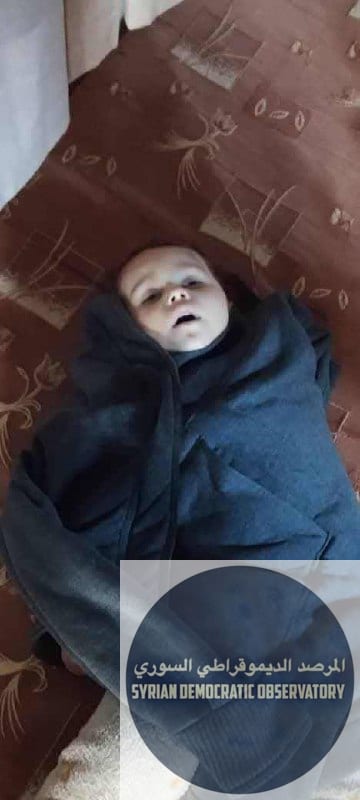 الطفلة الرضيعة قمر يزن خليل وقد قتلت اليوم هي وعائلتها في من قبل تنظيم هيئة تحرير الشام الإرهابية بأمر من مجرم الحرب