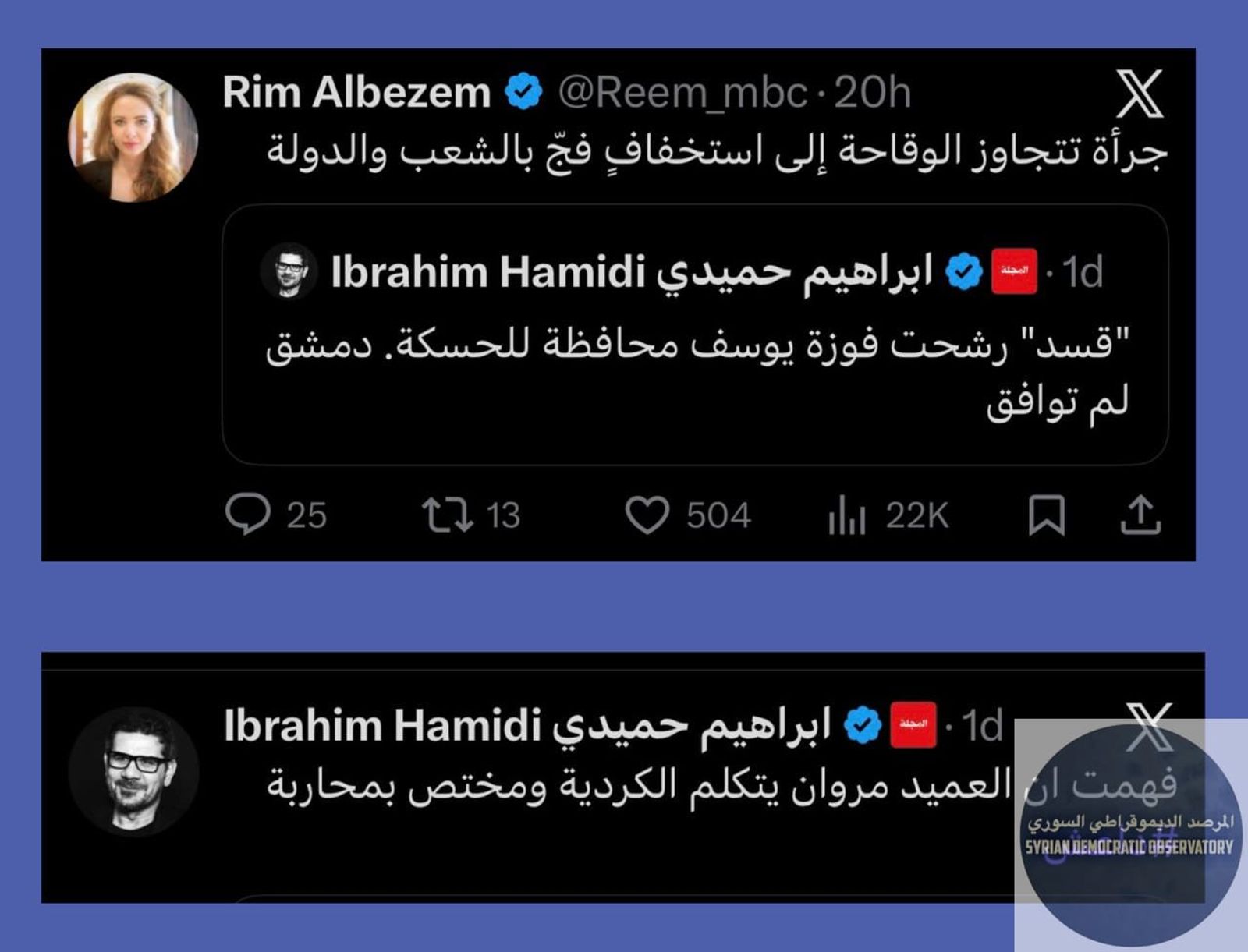 من الوقاحة حقاً أن تقوم قوات سوريا الديمقراطية بتقديم امرأة لمنصب محافظ (والعياذ بالله)، في وقت تحصر فيه معظم المناصب القيادية في "مزرعة الجولاني" بالرجال، باستثناء وزيرة "الزينة" وتبييض السمعة، هند ق