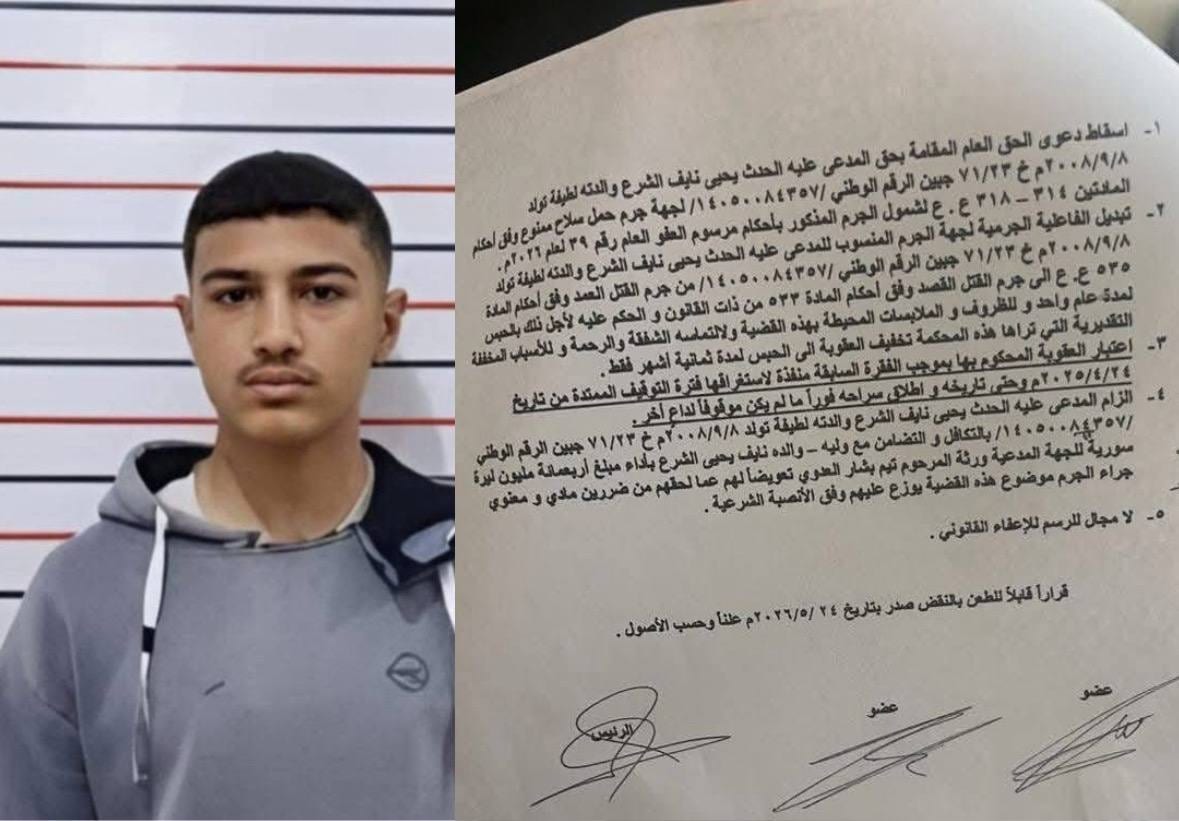 محكمة تقوم بتخفيف عقوبة قاتل إلى ثمانية أشهر، واتهامات إلى أن ذلك يعود لأنه ابن مدير مكتب محافظة درعا، و من عائلة "الشرع"