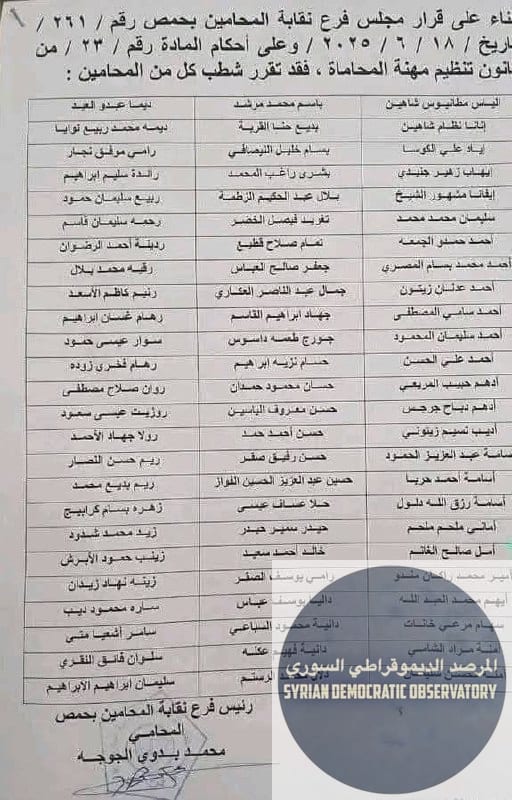 قرار شطب 75 محامي من نقابة حمص وغالبيتهم من العلويين والمسيحيين