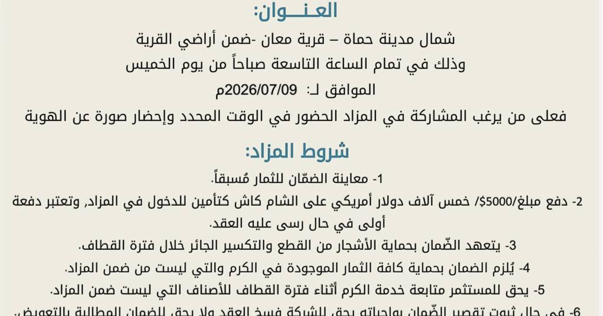 ريف حماة: شركة اكتفاء للاستثمار الزراعي تعرض أراضي الزيتون والفستق الحلبي في القرى العلوية المحتلة بريف حماة، للاستثمار والإجار