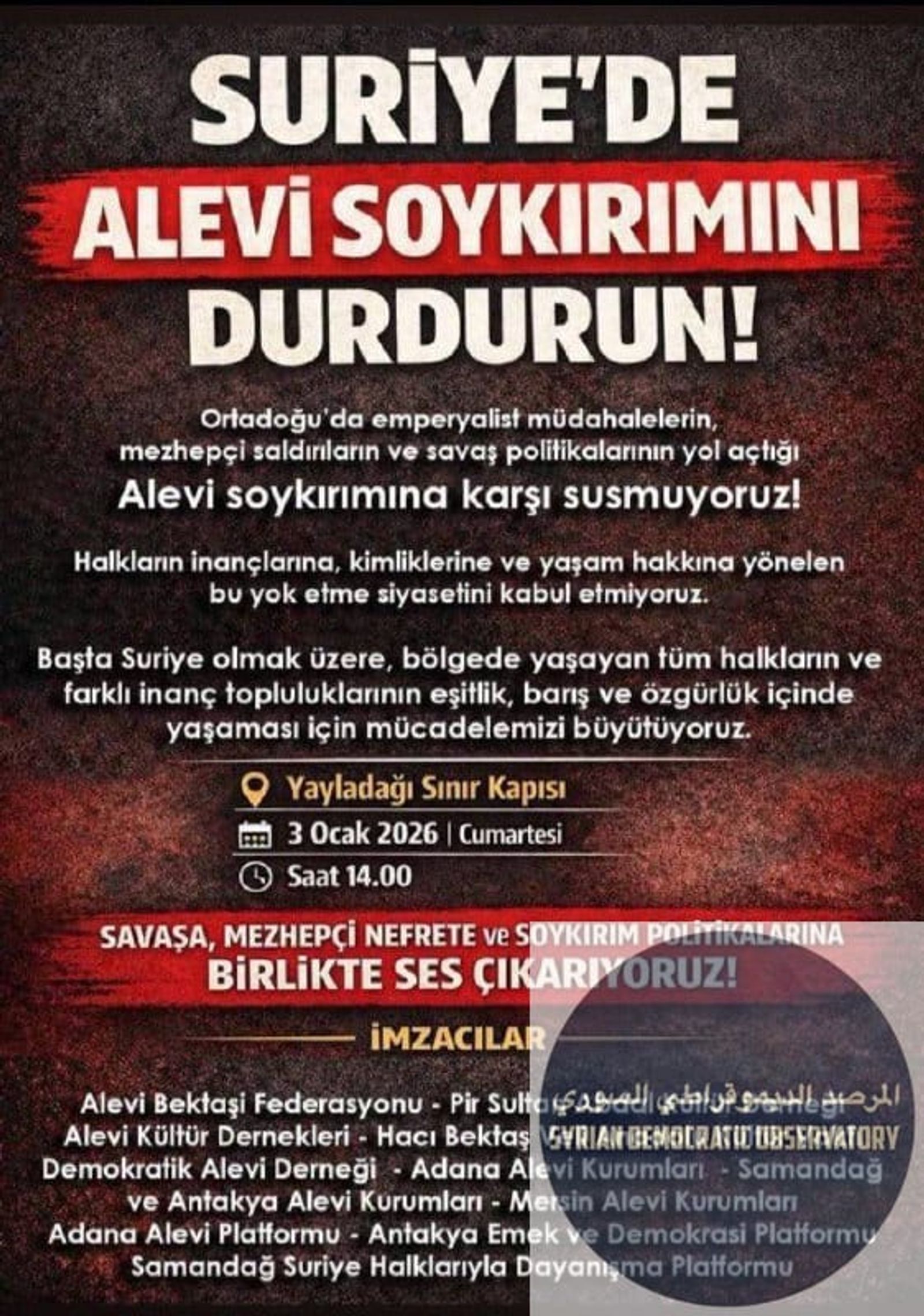 العلويون في لواء إسكندرون يستعدون للتظاهر لأجل العلويبن في سوريا وباقي الأقليات, ويحددون موعداً بتاريخ 3 كانون الثاني قرب الحدود السورية التركية