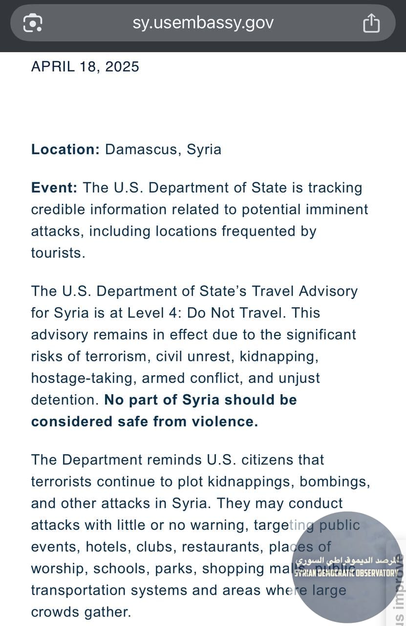 🇸🇾🇺🇸U.S. State warns of possible attacks in Syria.