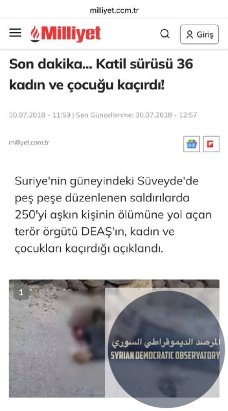 🇸🇾الصورة المتداولة عن مقتل هذا الارهابي في السويداء هي غير صحيحة وتعود صورة الجثة إلى عام 2018.